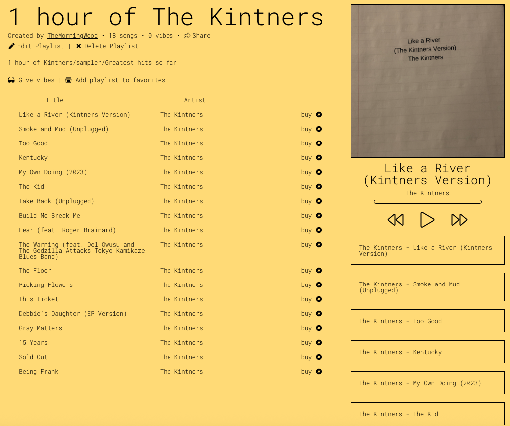 Screenshot of a playlist on bndcmpr.com. It Is a site for bandcamp playlists.